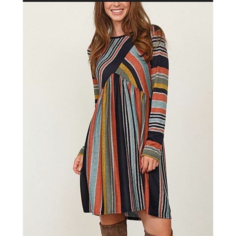 Egs California Long Sleeve Striped Dress Women’s L (teal, Brown, Navy)